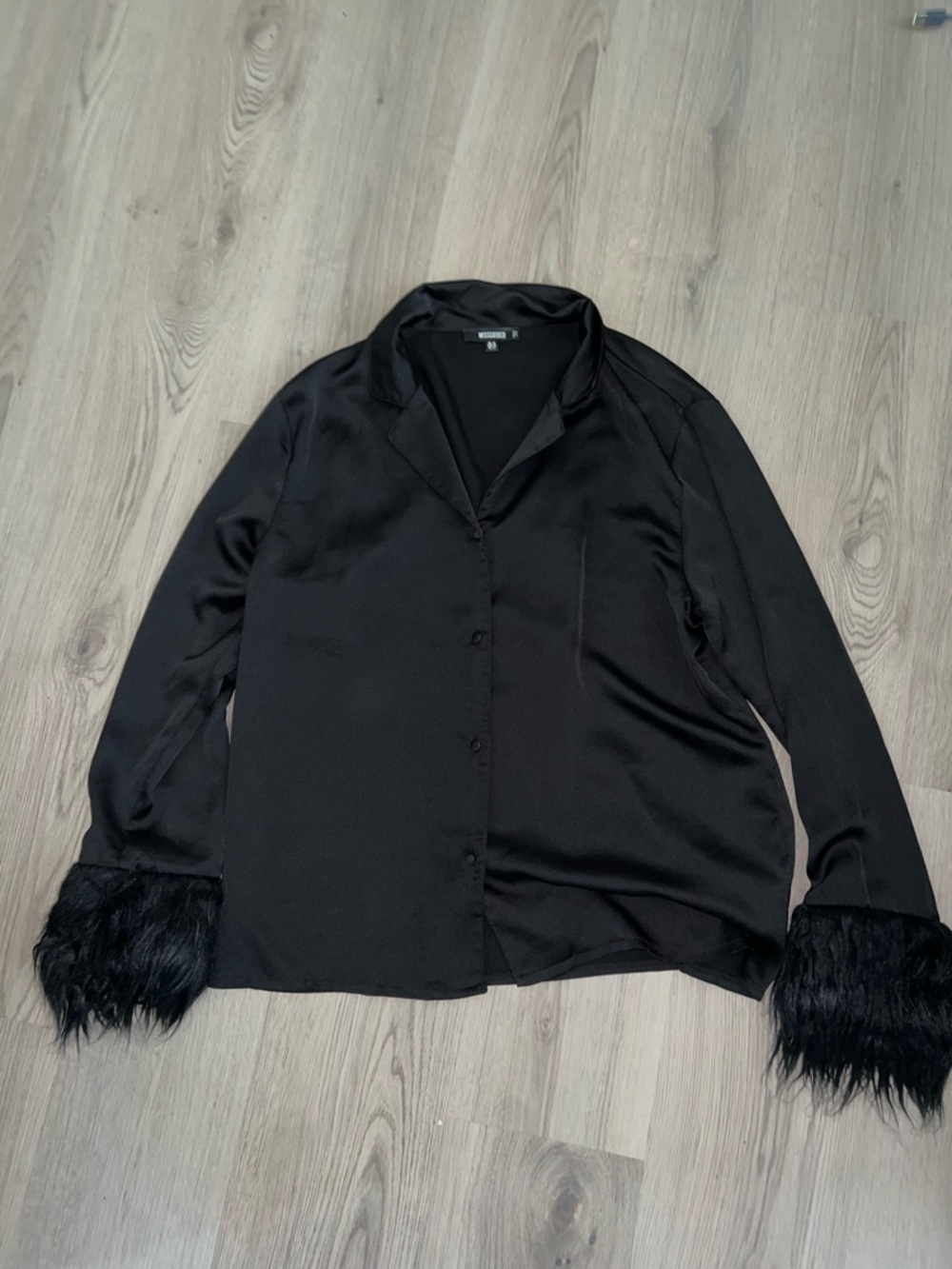 Missguided Black Feather Cuff Pajama Top Size 12 Long Sleeve Lounge Sleepwear